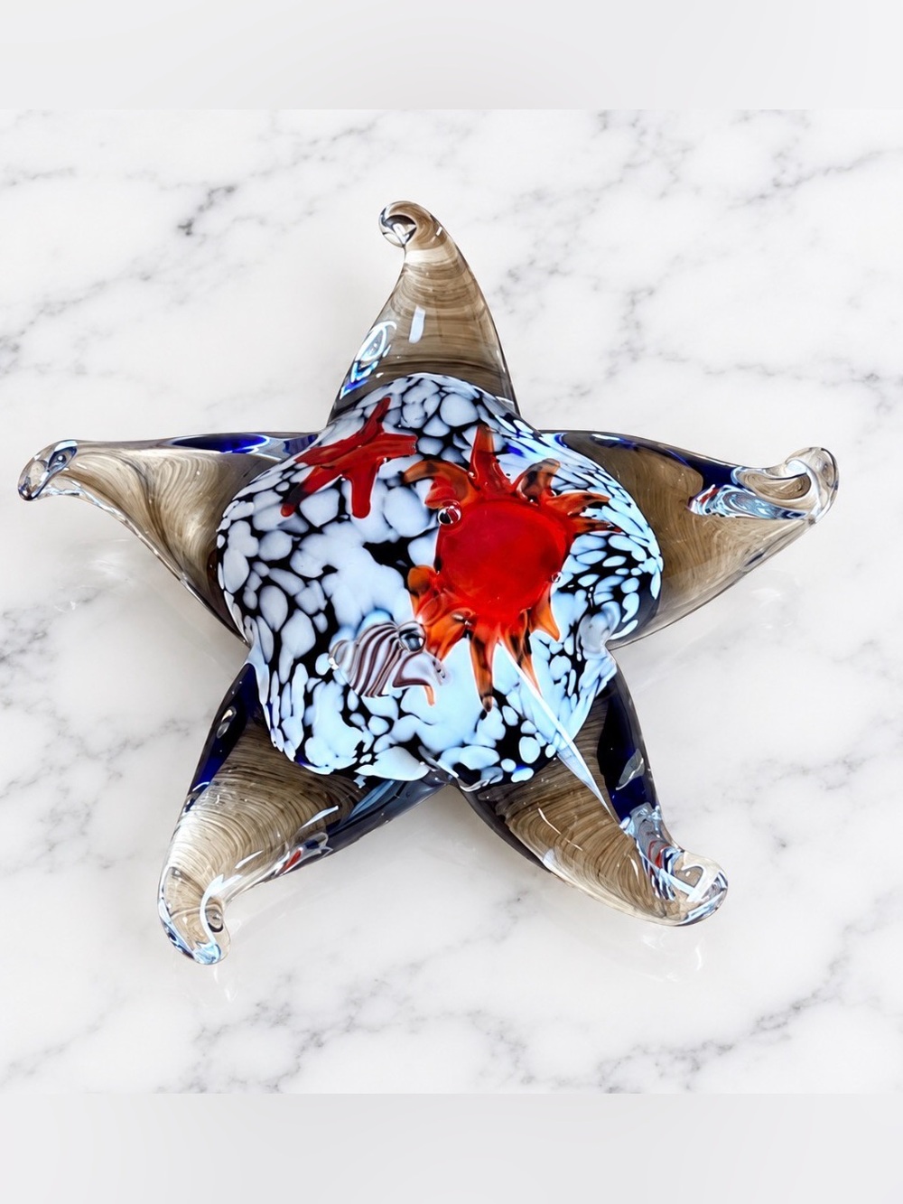 Murano Hand Blown Art Glass Star Fish With Crab Design Paperweight Figurβ¦